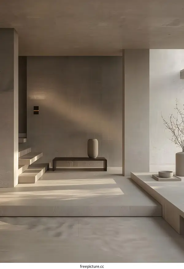 Minimalist Modern Interior Design With Concrete Walls And Wooden Bench