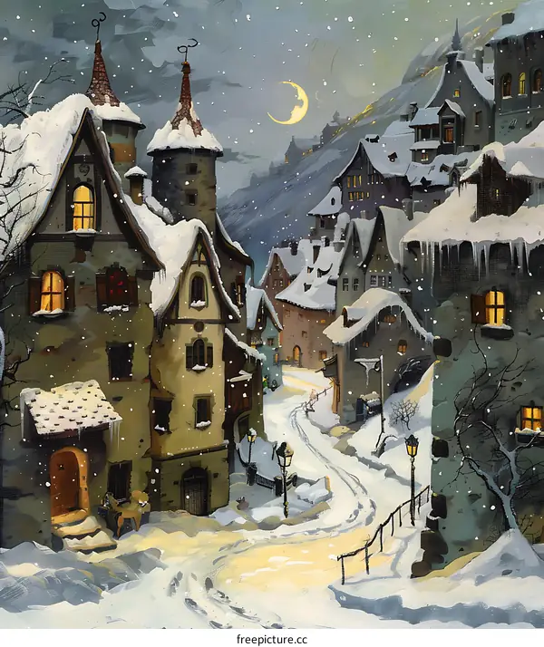 Winter Night in a Snowy Village