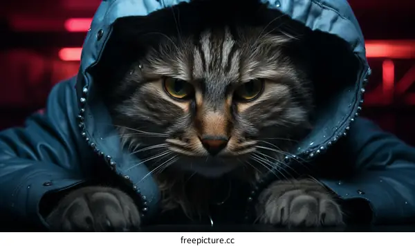 Cute Cat in a Blue Raincoat with Hood