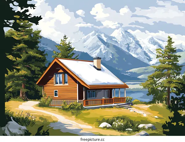 Mountain Cabin Landscape Painting