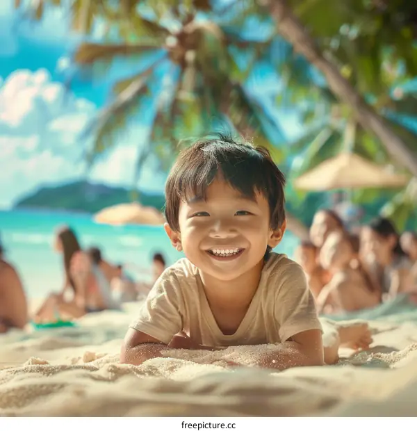 Asian boy smiling on beach with blurred background