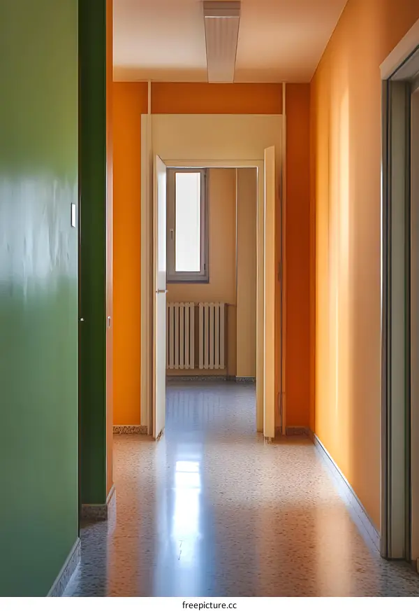Empty Hallway With Green and Orange Walls