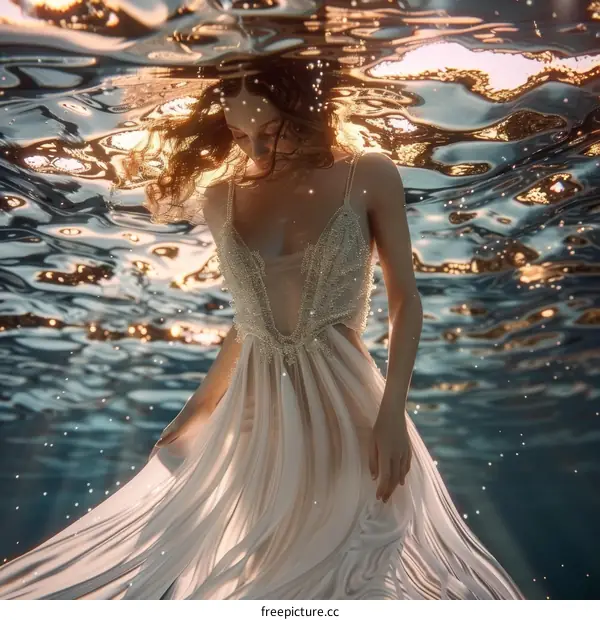 Woman in White Dress Underwater with Sunlight