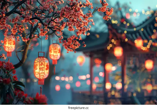 Vibrant Chinese New Year Celebration with Red Lanterns and Pink Cherry Blossoms