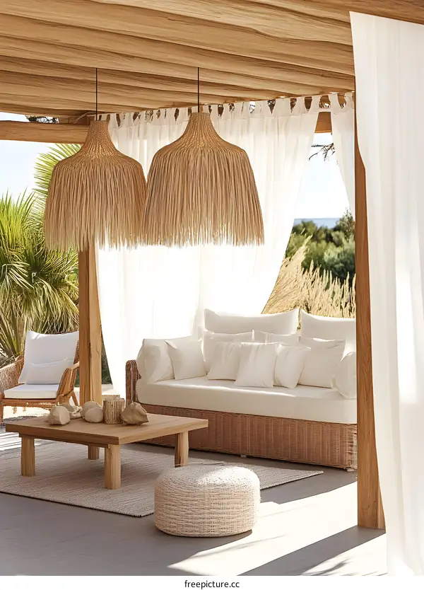 Modern Beachfront Patio Design with Wicker Furniture and Straw Lamps