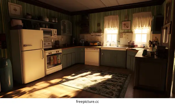 Vintage Kitchen Interior with Sunlight Streaming Through Window