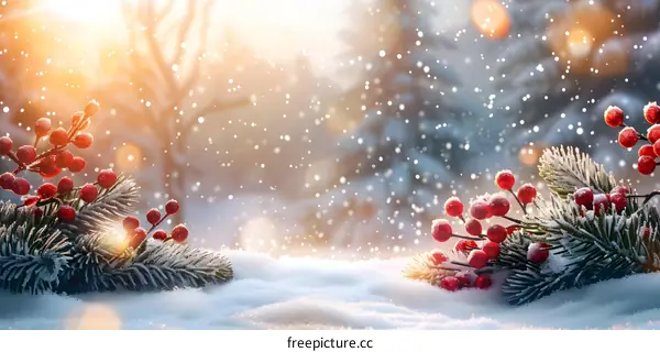 Holly Branches and Berries in the Snow With Sunlight