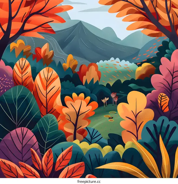 Colorful Autumn Forest Illustration with Mountain Landscape