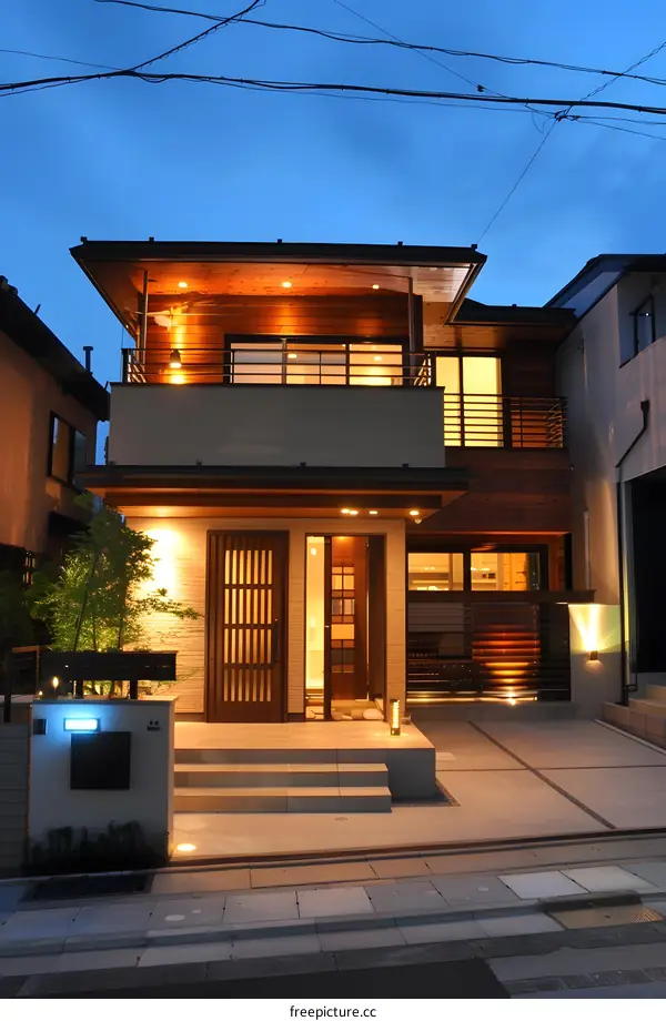 Modern Japanese Style Home Exterior with Wooden Doors and Balcony at Night