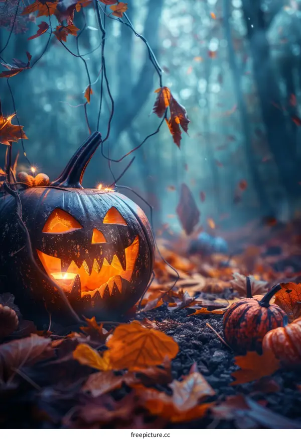 Halloween Pumpkin Glowing Spookily in the Forest