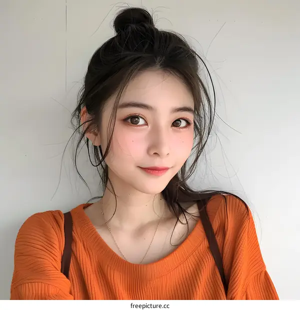 Portrait of a Young Asian Woman with a Bun Hairstyle
