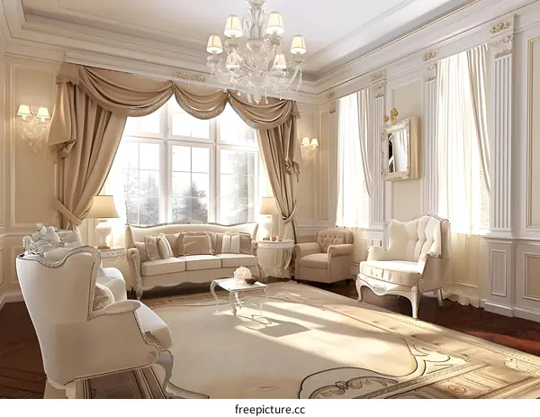 Elegant Living Room with Beige Furniture and Chandelier