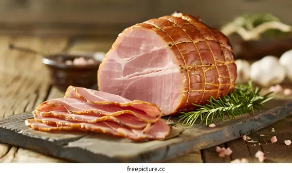 Sliced Ham on Wooden Cutting Board with Rosemary and Garlic