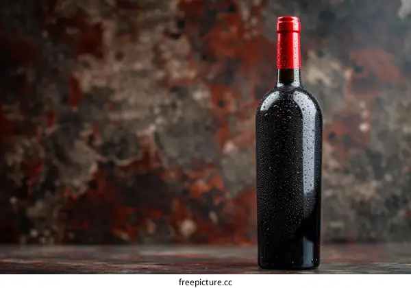 A bottle of red wine on a wooden table with a dark background