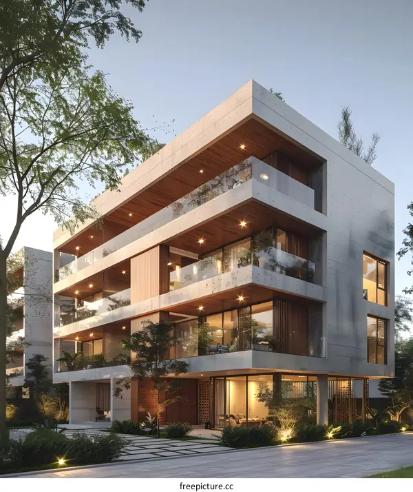 Modern concrete house exterior with large windows