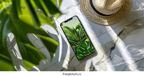 Summertime Phone Screen with Tropical Leaves Background