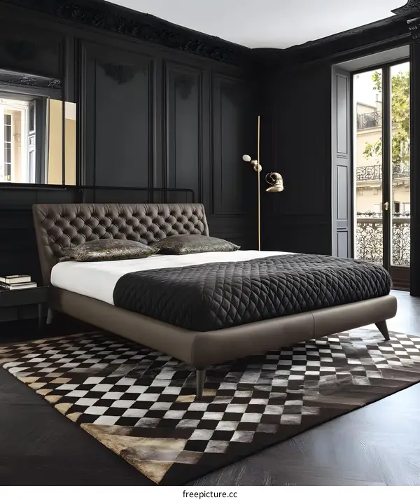 Modern Black and Brown Bedroom Interior Design with Checkered Rug