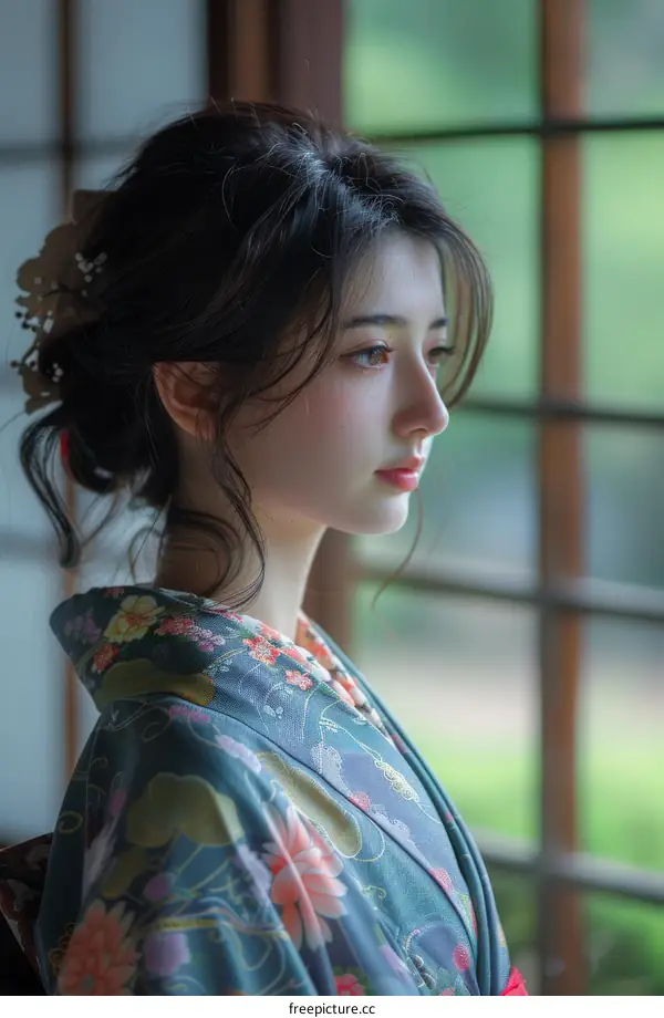 Portrait of a beautiful Asian woman in traditional Japanese kimono