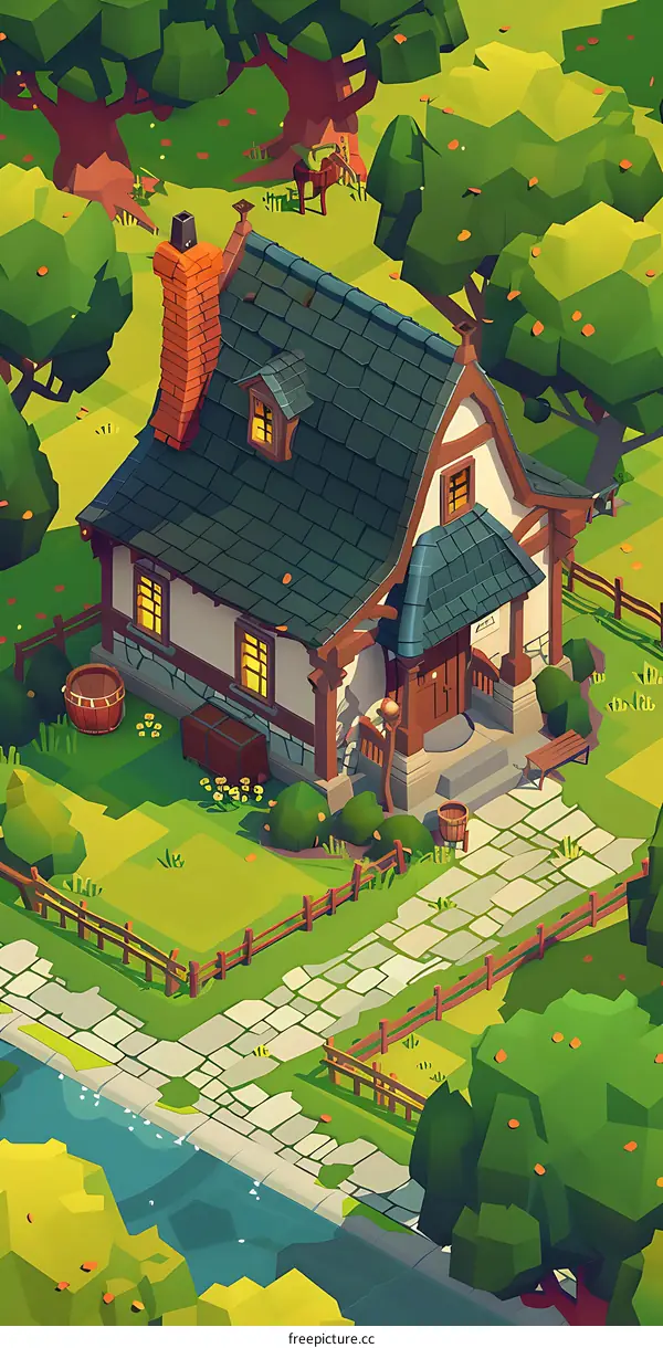 Low Poly Cartoon Style House With Stone Path And River