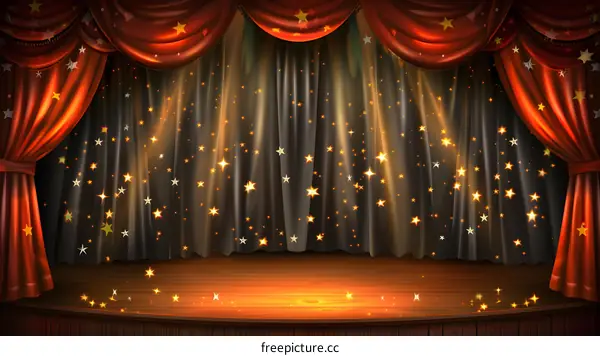 Red Curtains with Gold Stars and Spotlight on Stage