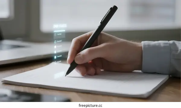 Person writing on notebook with digital data flow visualization
