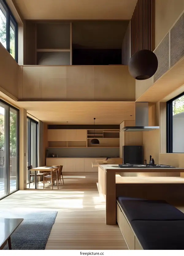 Modern Minimalist Kitchen with Wooden Accents and Open Floor Plan