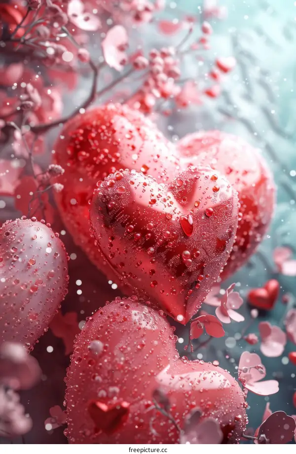 Dew-drenched Red Heart Balloons Hovering in Blue