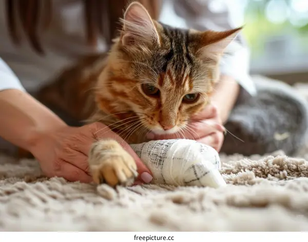 Close-up Of A Veterinarian Examining An Injured Cat's Paw