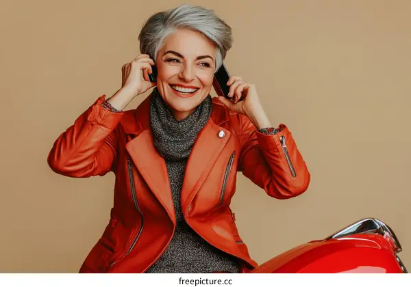 Stylish Woman in Red Leather Jacket Talking on Mobile