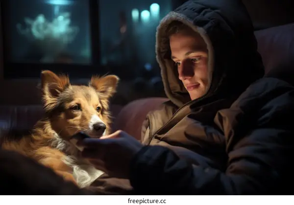 A young man and his dog are sitting on a couch and looking at each other.