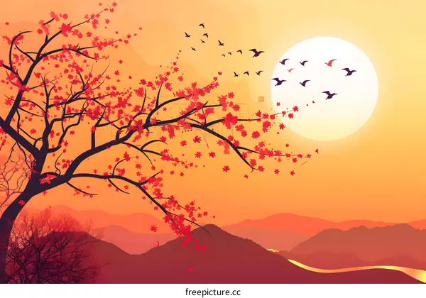 Sunrise Over Mountains With Cherry Blossom Tree And Birds