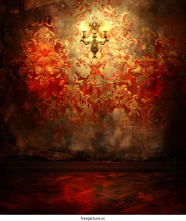 Vintage room interior with a wall covered with red patterned wallpaper and a wooden floor