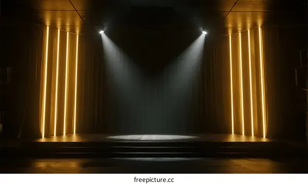 Stage with warm lighting and vertical light strips in dark room