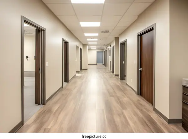 Empty Hallway with Doors in Modern Office Building