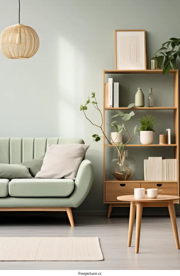 A Stylish Living Room With Green Sofa and Wooden Bookshelf