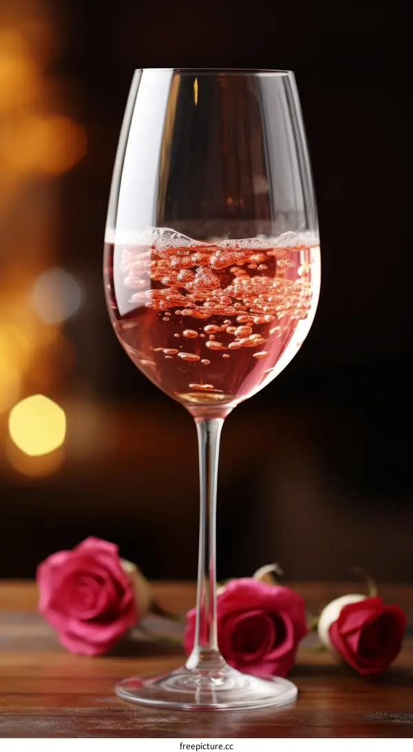 A glass of sparkling rose wine with pink roses