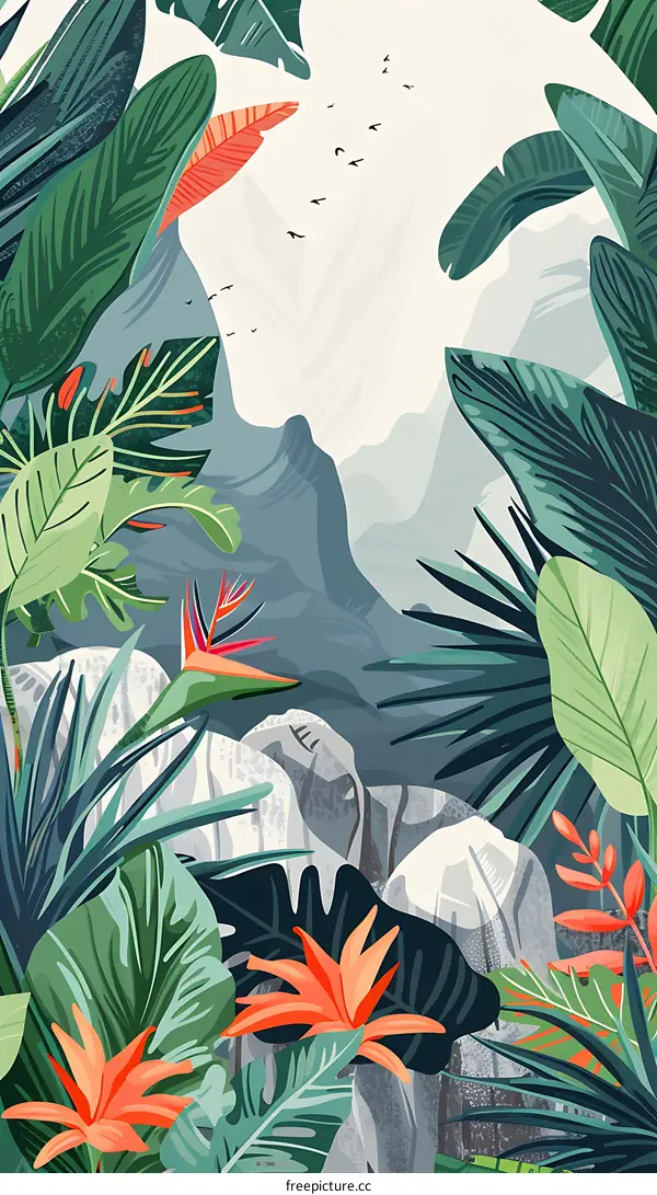 Tropical Jungle Illustration with Mountain View