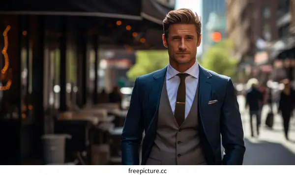 A man in a suit standing on a city street