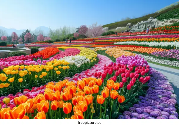 Vibrant tulip field with a stone path running through it and colorful hills and mountains in the background