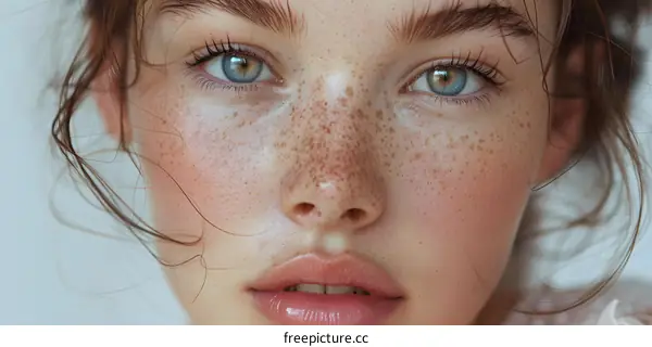 Close-up portrait of a young woman with freckles and blue eyes