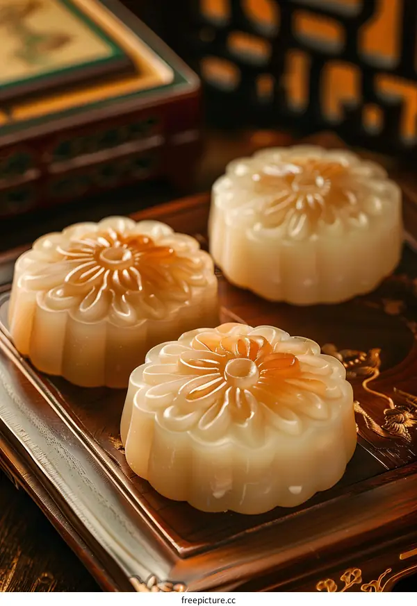 Closeup of Traditional Chinese Mooncakes on Wooden Tray
