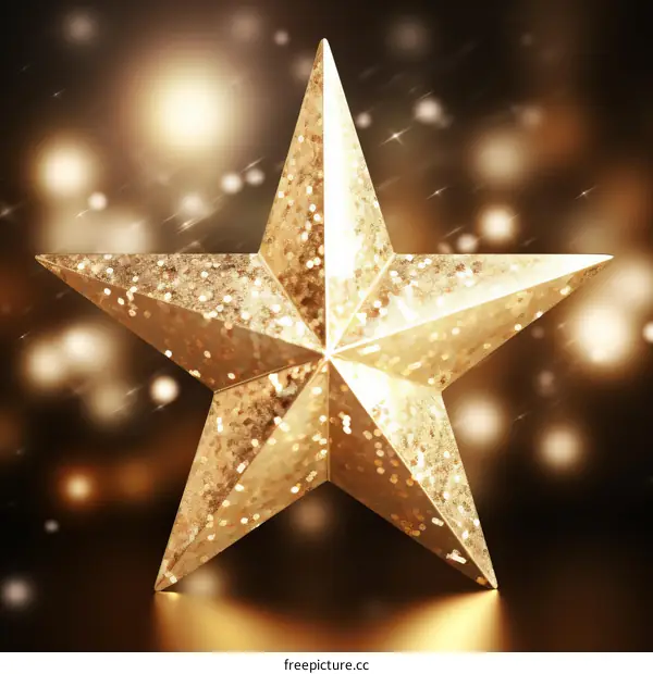 Three-dimensional golden star on a dark background with a blurry pattern