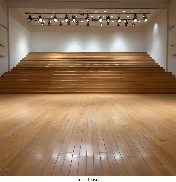 Empty Auditorium Stage with Wooden Seats and Floor
