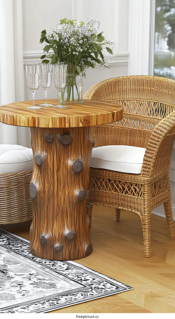 Rustic Wooden Table and Wicker Chairs Indoor Setting