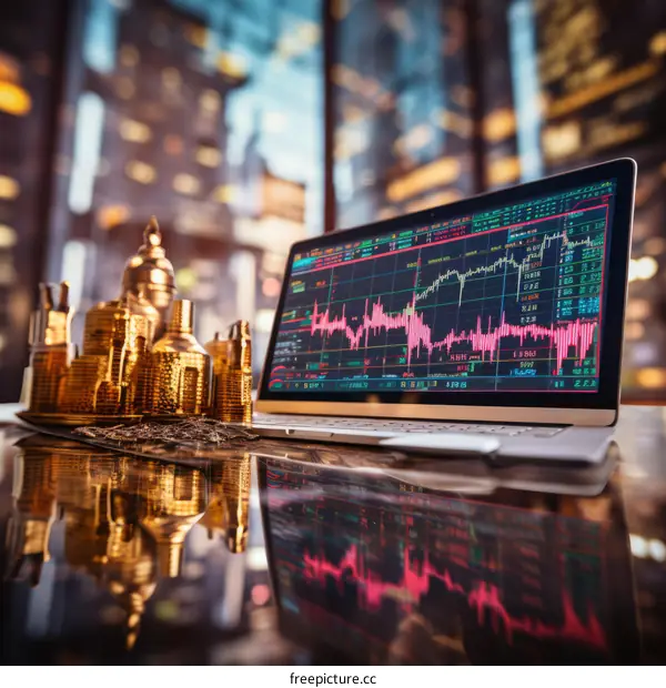 Laptop and golden cityscape with stock market graph