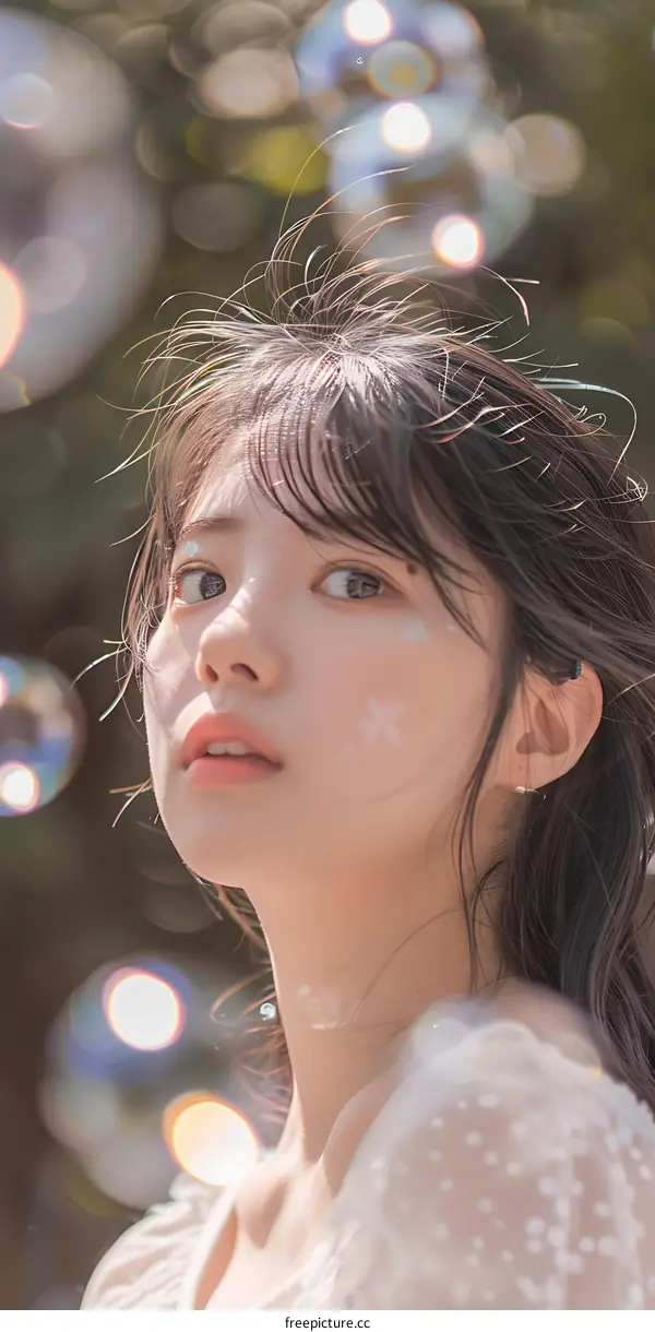 Asian Woman with Bubbles in Park