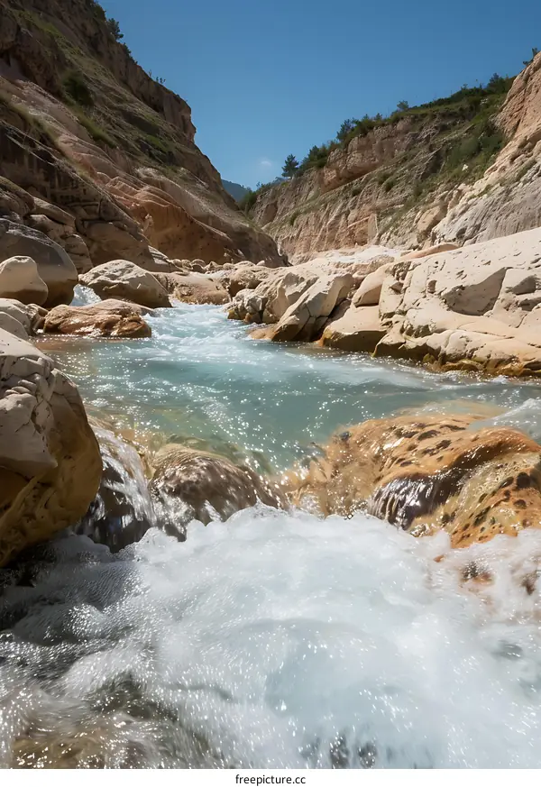 Clear Water Flowing Through a Mountain Gorge