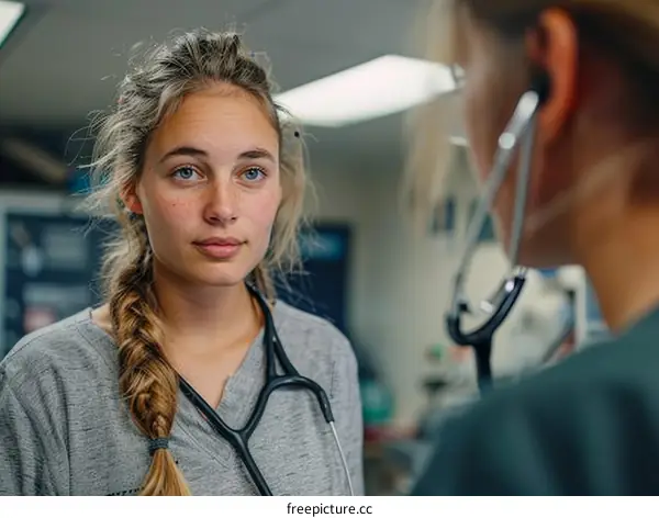 Young woman in scrubs looking at another person