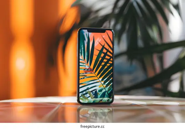 Smartphone with Tropical Leaves Wallpaper on a Table