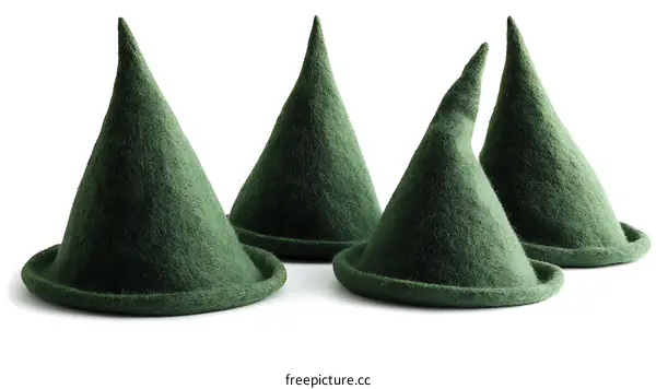 Four Green Witch Hats on White Background
